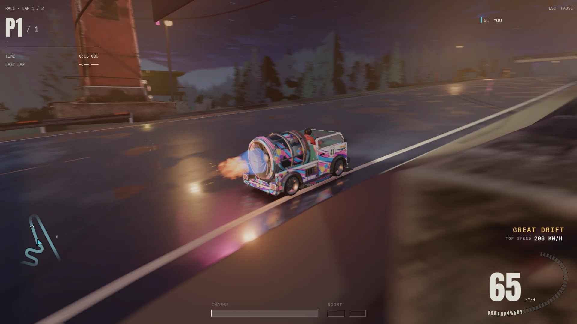 The Late Delivery kei truck in a drift at dusk with GREAT DRIFT on the HUD