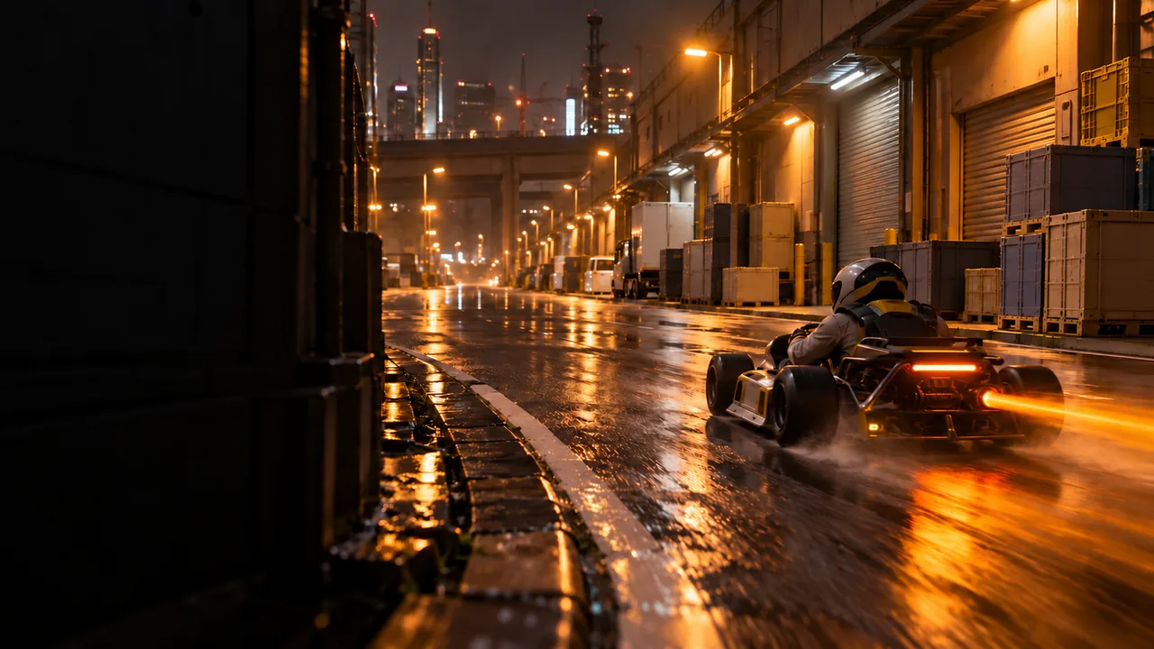 A kart racing down a warehouse street at night