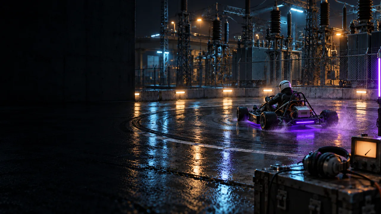 A kart drifting past a substation with a lilac underglow