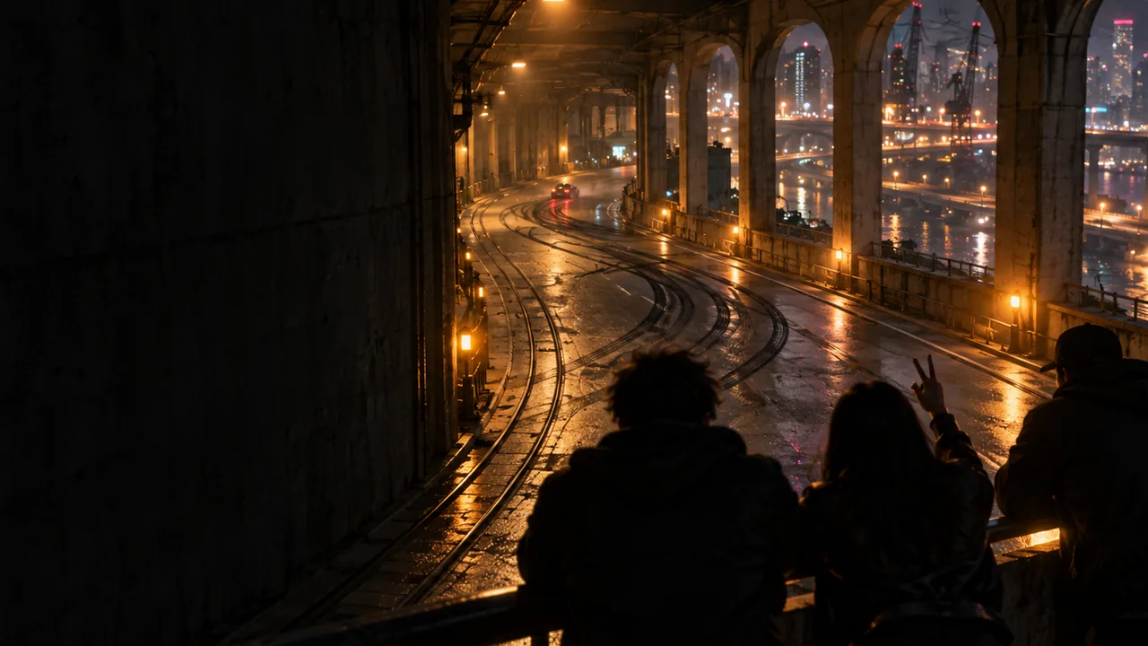 Three silhouettes watching a lit tram line from an arcade
