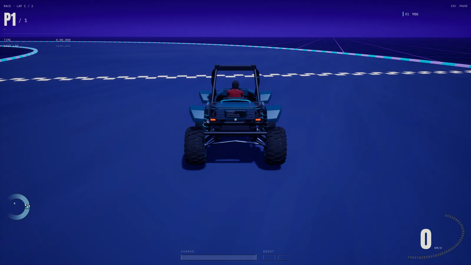 A buggy at the finish line on the night grid