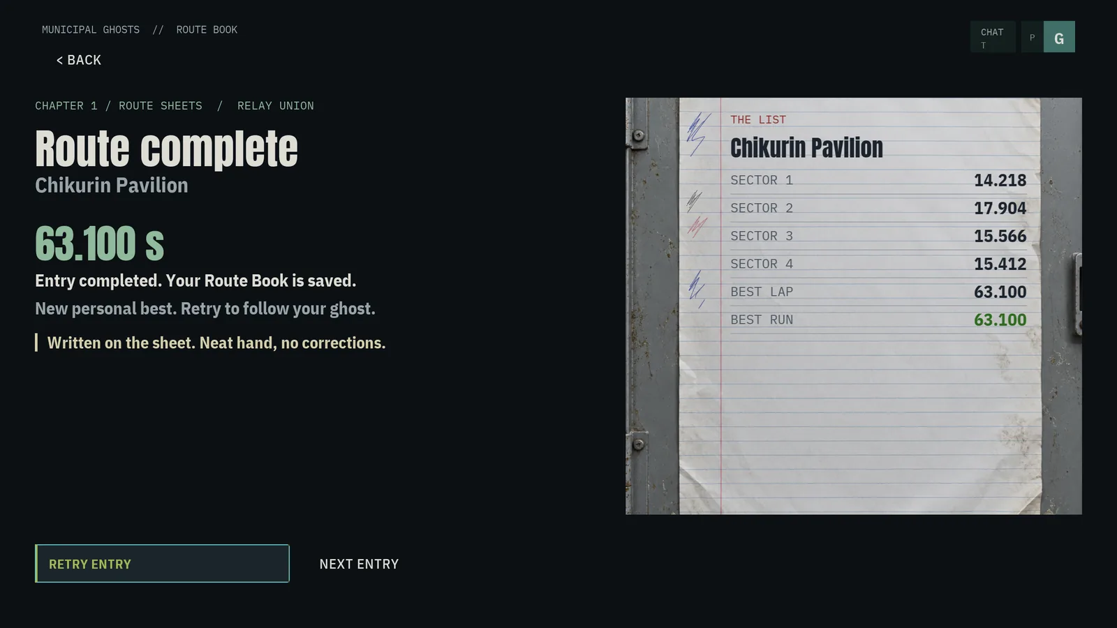 Route complete screen with sector times on a paper list